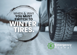 Car safely driving on snow with winter tires installed in Ottawa