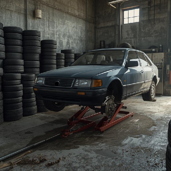 car in a garage missing a tire